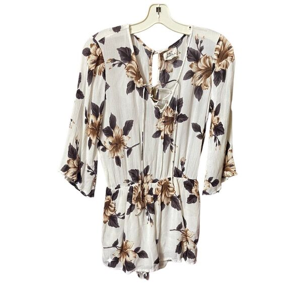 ONEILL size S jumpsuit (shorts) crepe floral lace up front key hole back. - Picture 1 of 7